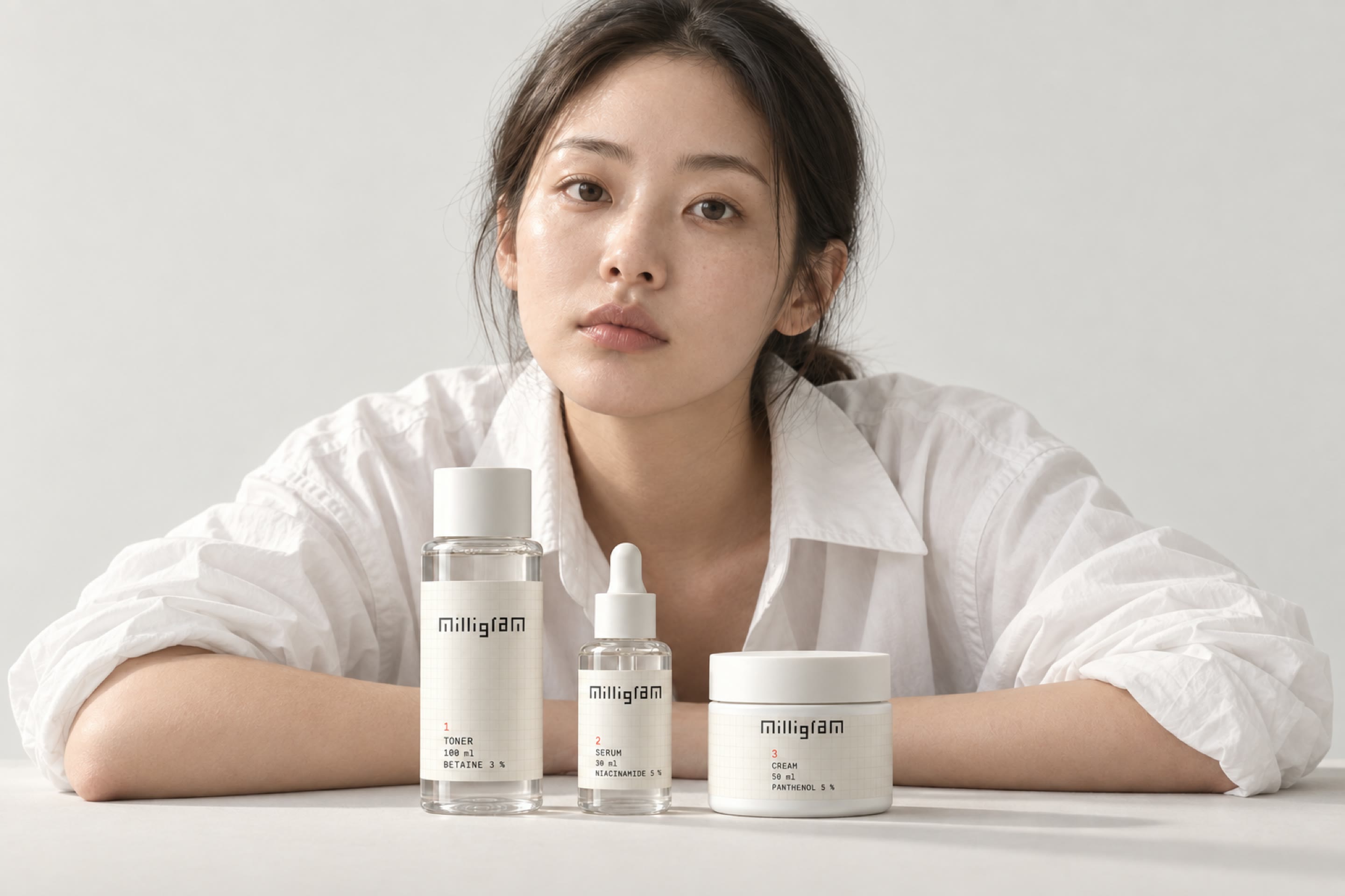 a woman in a white cotton shirt leaning on her forearms, the milligram toner, serum and cream standing in front of her on paper
